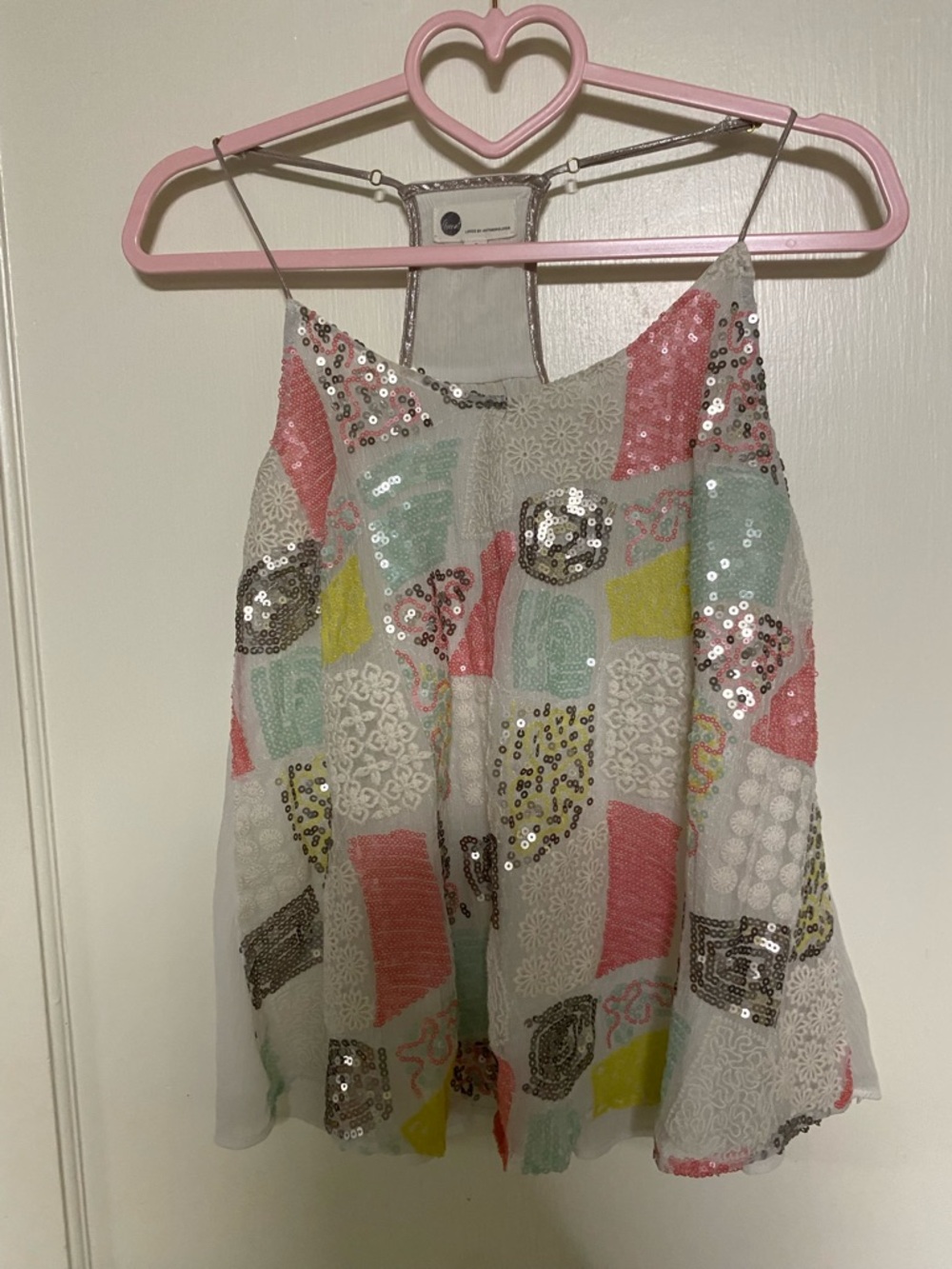Floreat Louisa Boho White Multi-Color Sequin Patchwork Camisole Top, lined